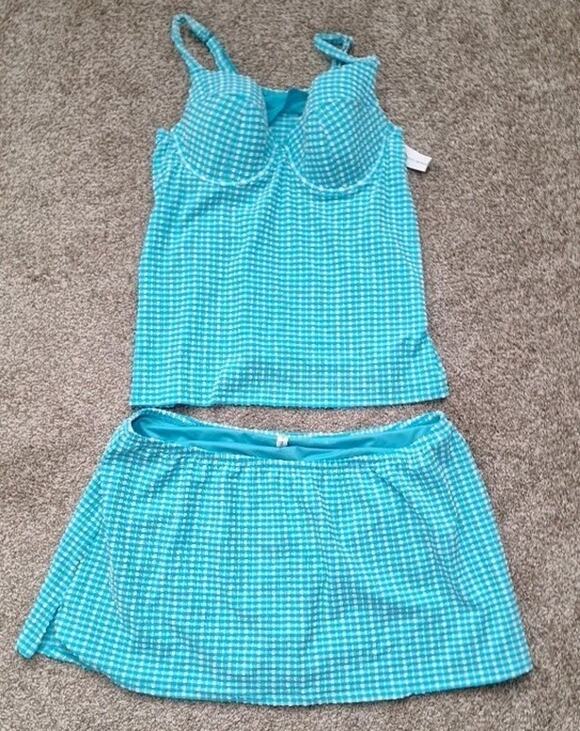 Lane Bryant Other - Lane Bryant Teal Gingham Balconette Tankini Top 42C and Swim Skirt 24 Set
